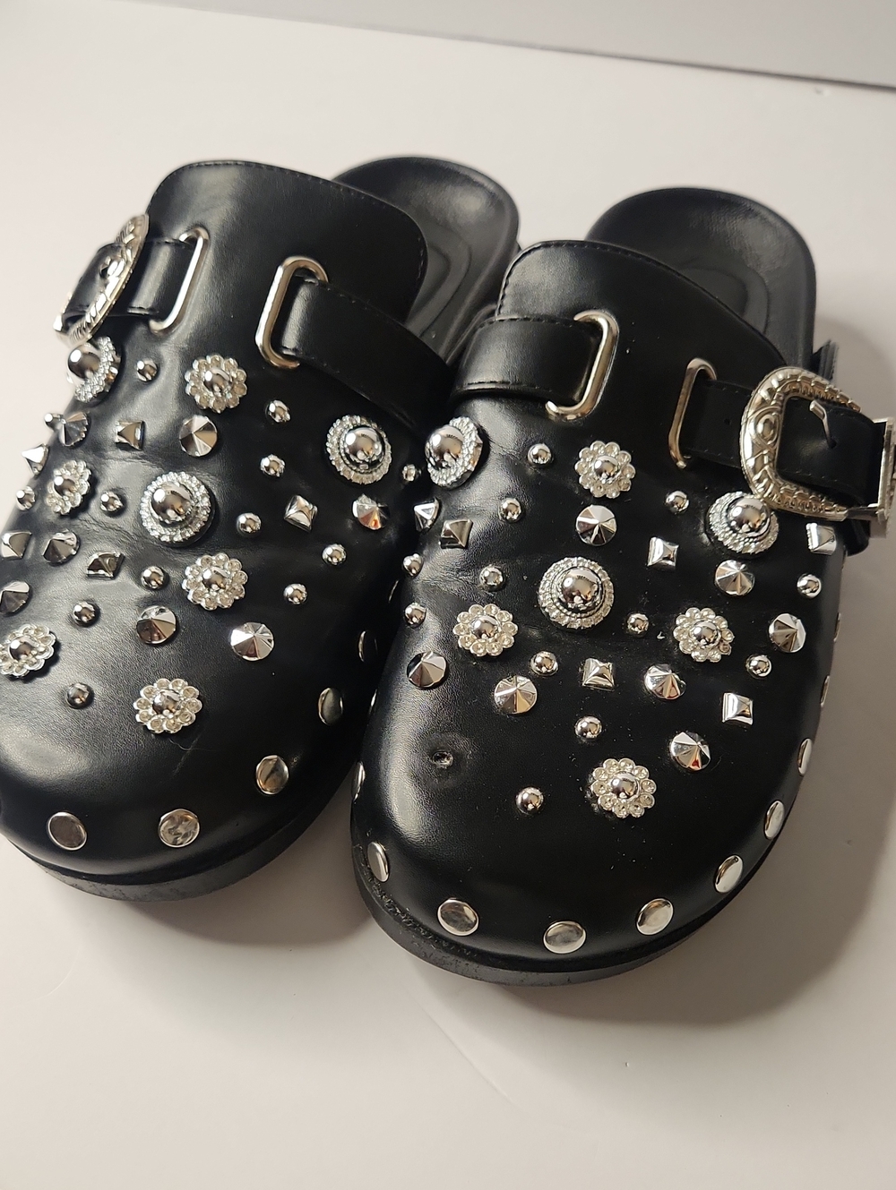 Azalea Wang Studded Slip-On Clogs with Silver Buckle Size 8
